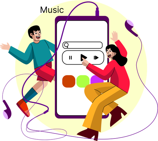 Two individuals enjoying music through a digital device  イラスト