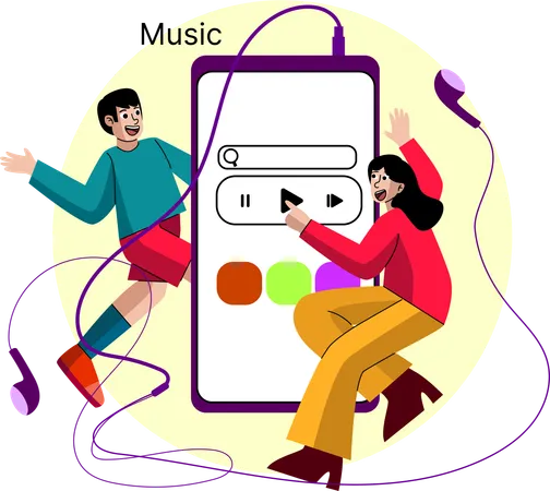 Two individuals enjoying music through a digital device  イラスト