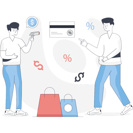 Two individuals hold shopping bags and a credit card indicating a recent shopping trip or purchase  Illustration