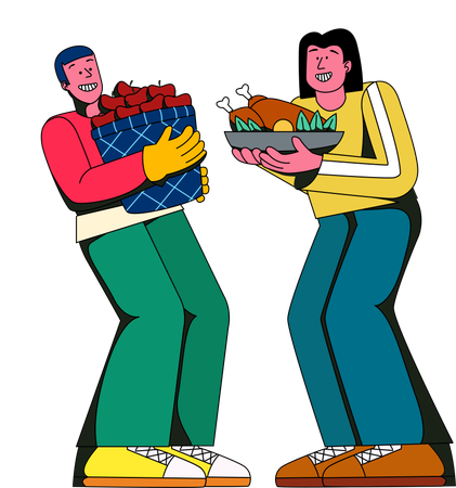 Two individuals joyfully exchange gifts and share a sumptuous Thanksgiving meal  Illustration