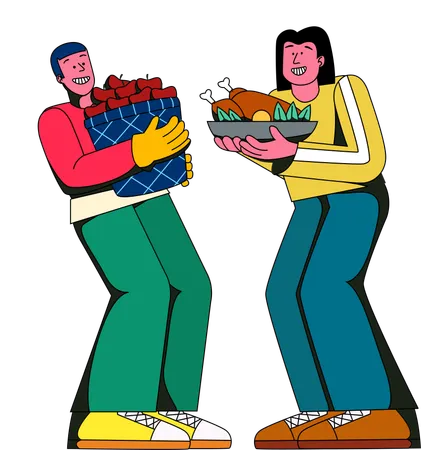 Two individuals joyfully exchange gifts and share a sumptuous Thanksgiving meal  Illustration