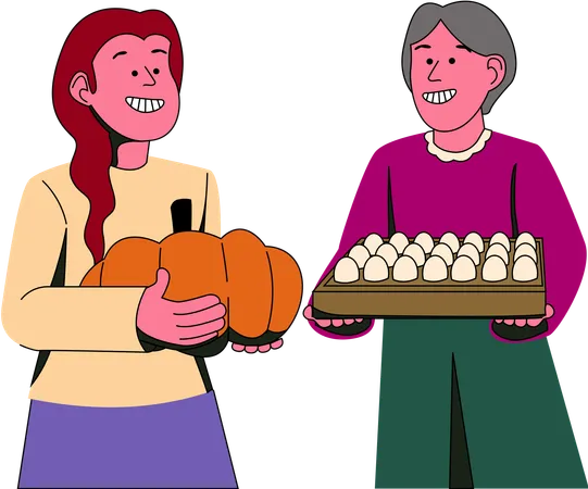 Two individuals proudly present freshly harvested pumpkins and eggs  Illustration