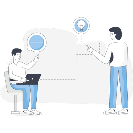 Two individuals seated at a table engaged with a laptop in front of them  Illustration