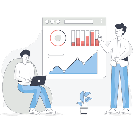 Two individuals seated with one gesturing towards a chart indicating a discussion about the information presented  Illustration