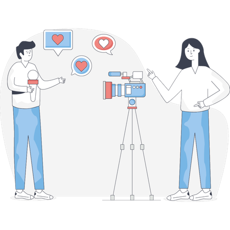Two individuals stand beside a camera mounted on a tripod preparing for a photo shoot  Illustration