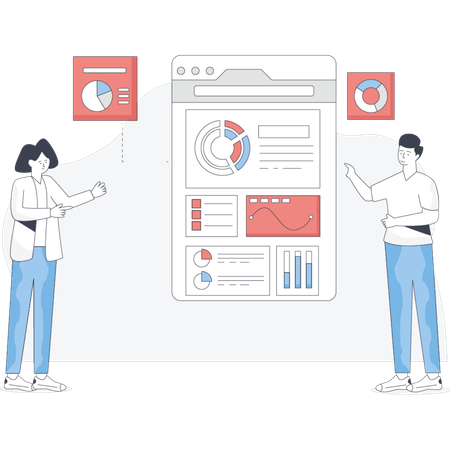 Two individuals stand beside a screen displaying various graphs and charts engaged in discussion  Illustration