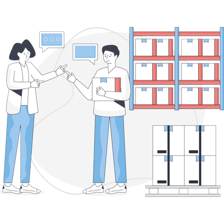 Two individuals stand in front of a warehouse filled with shelves indicating a storage or distribution environment  Illustration
