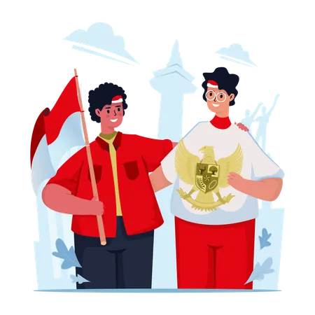 Two Indonesian youth characters celebrating pancasila day  Illustration