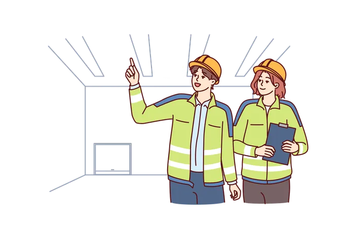 Two industrial room engineers discussing production process  Illustration