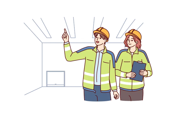 Two industrial room engineers discussing production process and how to repair equipment  Illustration