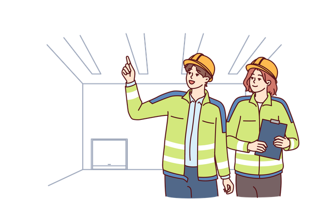 Two industrial room engineers discussing production process  Illustration