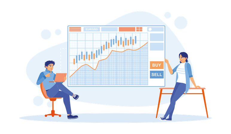 Two investors analyze graphs of ups and downs of stock market using laptop  Illustration