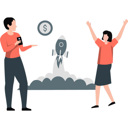 Two investors earn money from rocket  Illustration