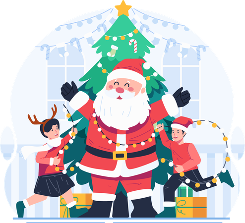 Two Joyful Children and Santa Claus With a Christmas Tree  Illustration