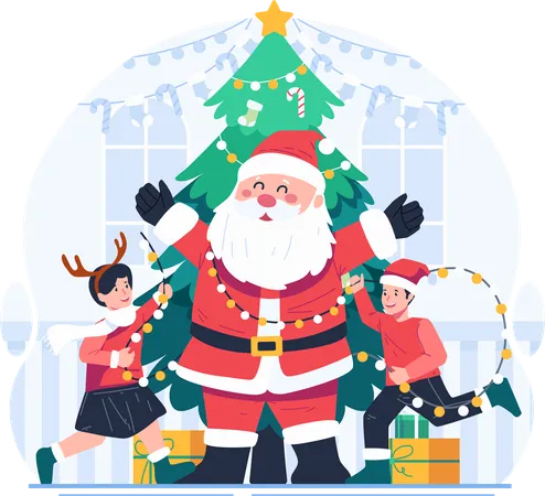 Merry Christmas Concept Illustration Featuring Two Joyful Children And Santa Claus With A Christmas Tree Illustration