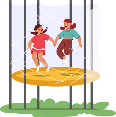 Two Joyful Children Enjoy  Sunny Day by Jumping on  Trampoline  Illustration