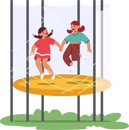 Two Joyful Children Enjoy  Sunny Day by Jumping on  Trampoline  Illustration