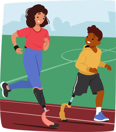 Two Kid Athletes With Prosthetics Legs Actively Engaged In Running Session On Sports Track  Illustration