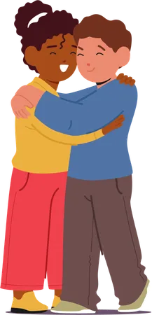 Two Kids Characters In A Heartwarming Embrace White Boy And Black Girl Share A Joyful Hug Radiating Innocence And Friendship That Transcends Words Cartoon People Vector Illustration Illustration