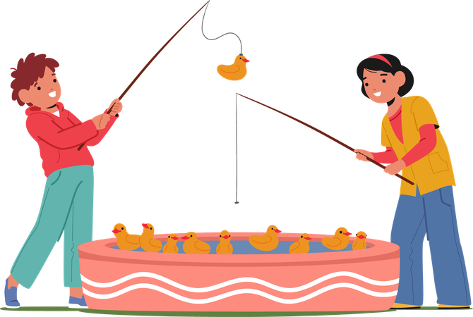 Two Kids Play Carnival Fishing Game  Illustration