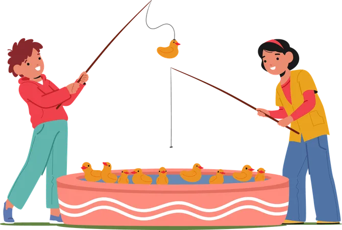 Two Kids Play Carnival Fishing Game  Illustration