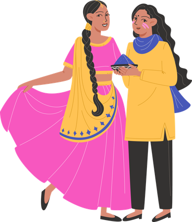 Two ladies enjoying holi  Illustration