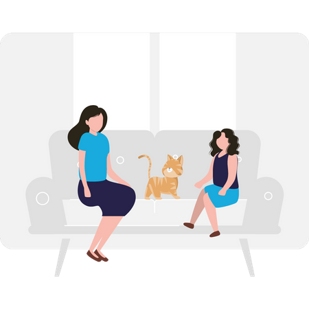Two ladies sitting on a couch with cat. Illustration