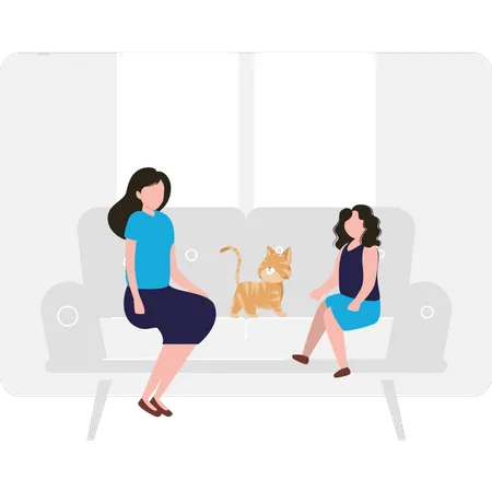 Two ladies sitting on a couch with cat. Illustration