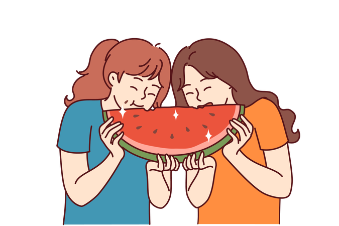 Two little girls are eating watermelon  イラスト