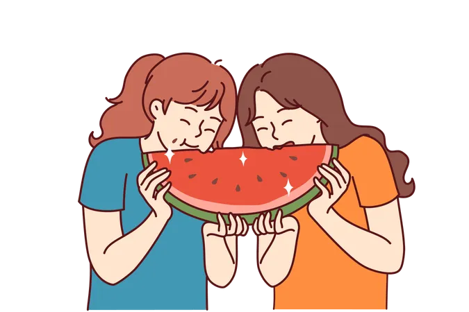 Two Little Girls Are Eating Watermelon And Laughing Enjoying Large Piece Of Sweet Refreshing Fruit Kids Are Friends And Together Enjoy Cold Snack With Watermelon In Hot Summer Weather Illustration