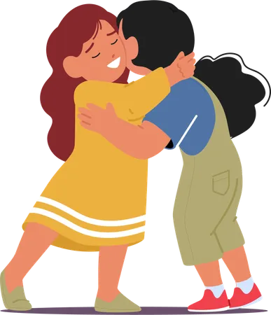 Two Little Girls Inseparable Companions Embrace Tightly In A Warm Hug Their Radiant Smiles Reflecting The Pure Joy Of Friendship And The Magic Of Shared Moments Cartoon People Vector Illustration Illustration