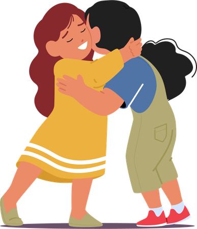 Two Little Girls In Warm Hug  Illustration