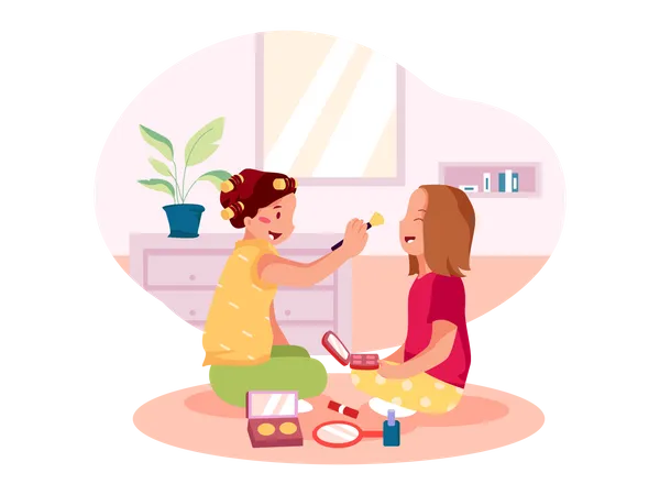 Two little girls playing with beauty toys  Illustration