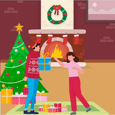 Two little kids opening Christmas gifts  イラスト