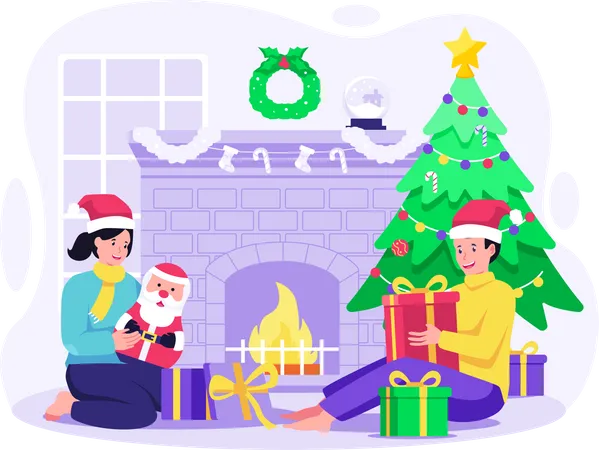 Two Little Kids Are Opening Christmas Gifts Near A Warm Cozy Fireplace And Christmas Tree Merry Christmas And Happy New Year Vector Illustration In Flat Style Illustration