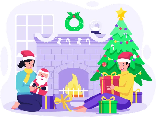 Two little kids opening Christmas gifts  Illustration