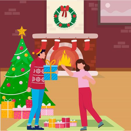 Two little kids opening Christmas gifts  Illustration