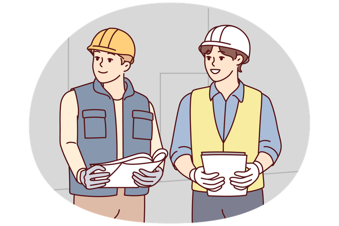 Two male builders in worker uniform look to side discussing construction process  Illustration