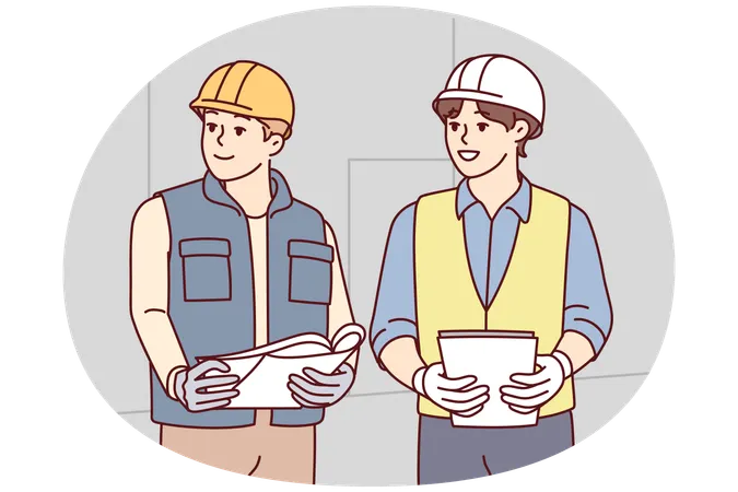 Two male builders in worker uniform look to side discussing construction process  Illustration