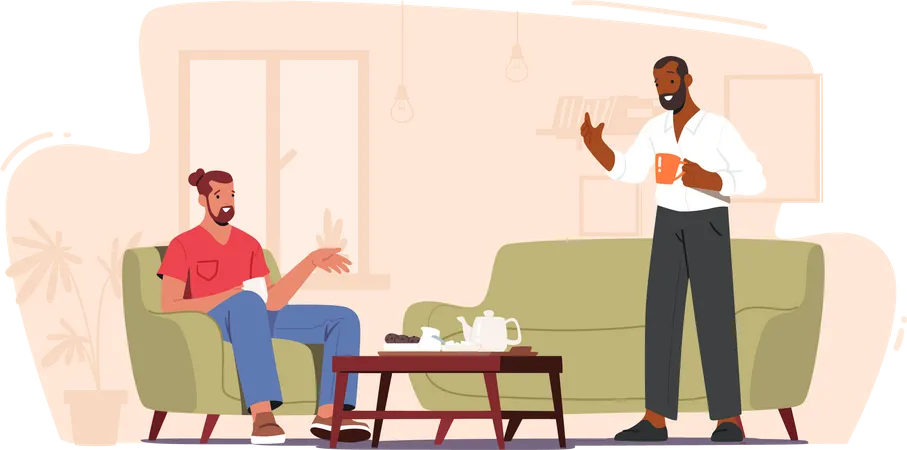 Couple Of Friends Drinking Tea At Home Men Sitting On Couch With Hot Beverages And Communicating Male Characters Friendship Chatting Leisure Sparetime Cartoon People Vector Illustration Illustration