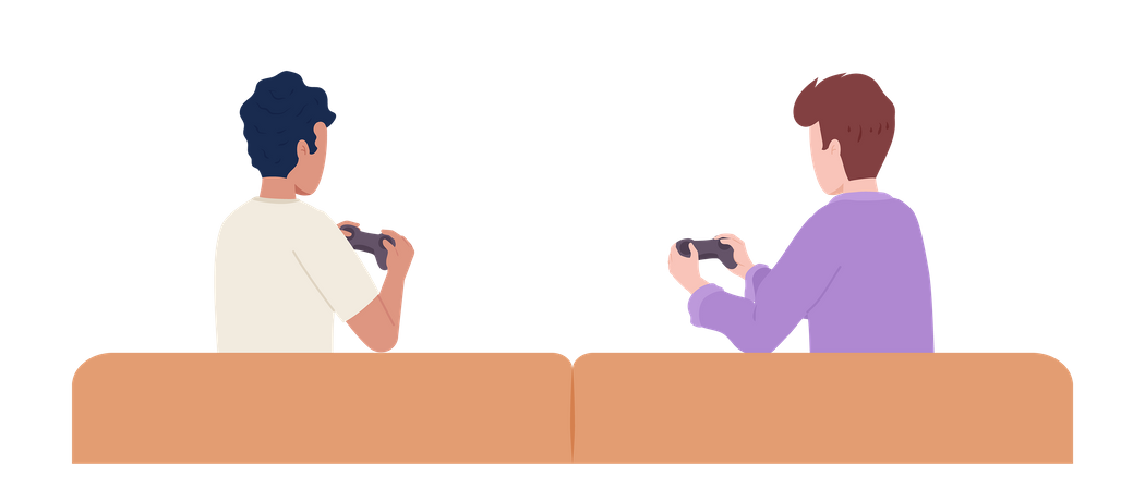 Two male friends with gamepads on couch Illustration