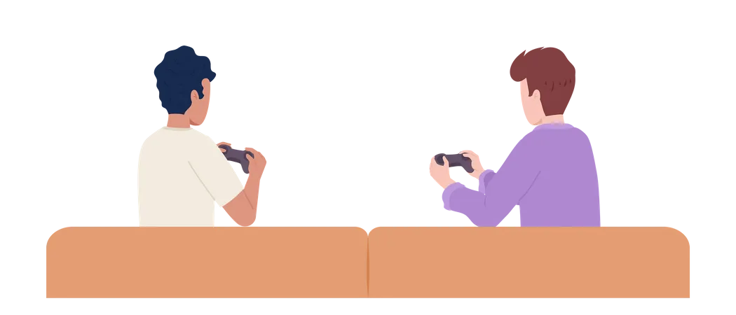 Two male friends with gamepads on couch Illustration