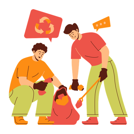 Two male volunteers are cleaning up recycling rubbish  Illustration