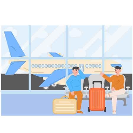 Two Man are waiting for plane departure  イラスト