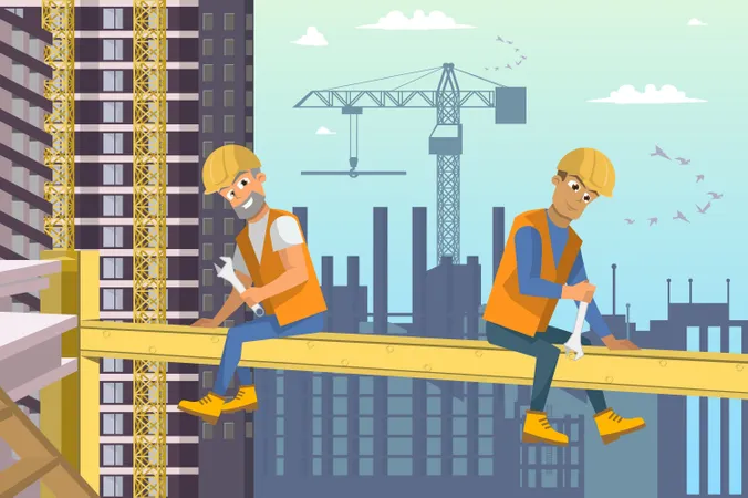 Two Man Builders Sit on Beam above House construction  Illustration