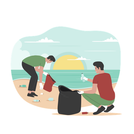 Two man cleaning beach from trash  Illustration