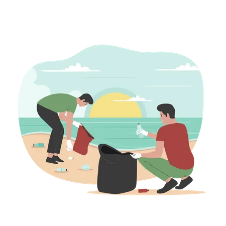 Two man cleaning beach from trash  Illustration