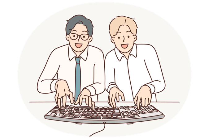 Two man computer geeks use keyboard to type code at same time to develop programs or applications  Illustration