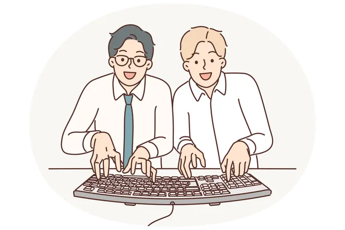 Two man computer geeks use keyboard to type code at same time to develop programs or applications  Illustration