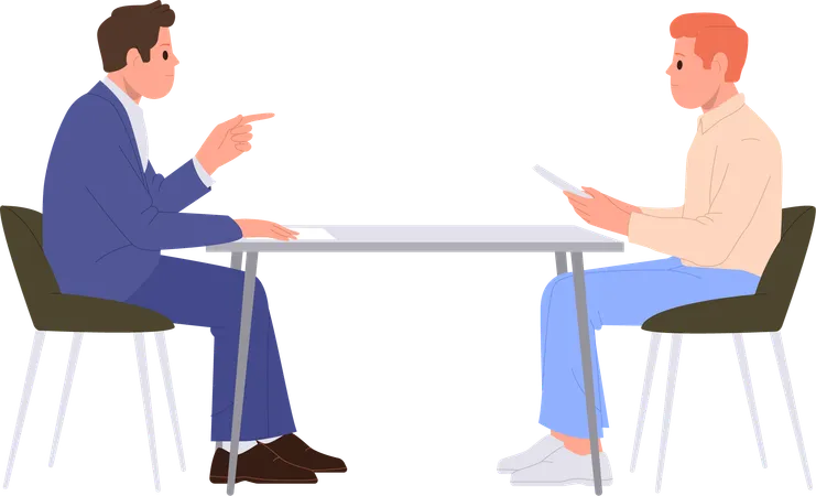 Two People Male Cartoon Characters Sitting At Table Having Nice Conversation Isolated On White Background Employer And Job Sicker Two Businessmen Coworkers Or Partners Vector Illustration Illustration